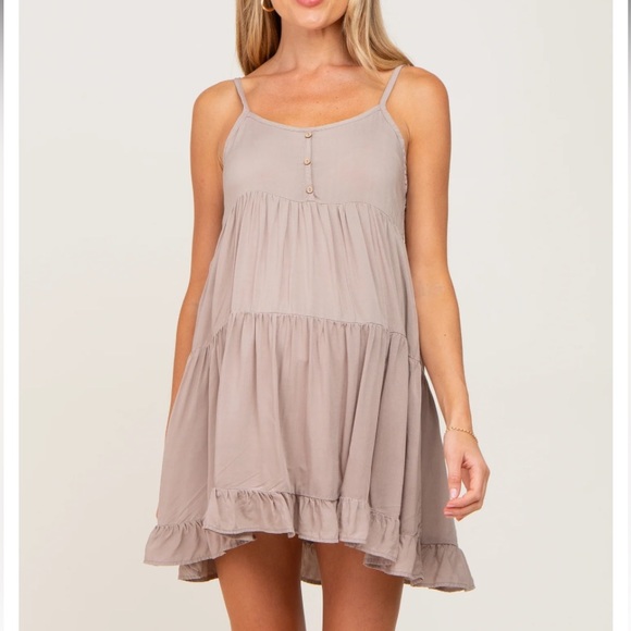 New! PINKBLUSH Mocha Button Accent Tiered Maternity Mini Dress - Picture 3 of 5